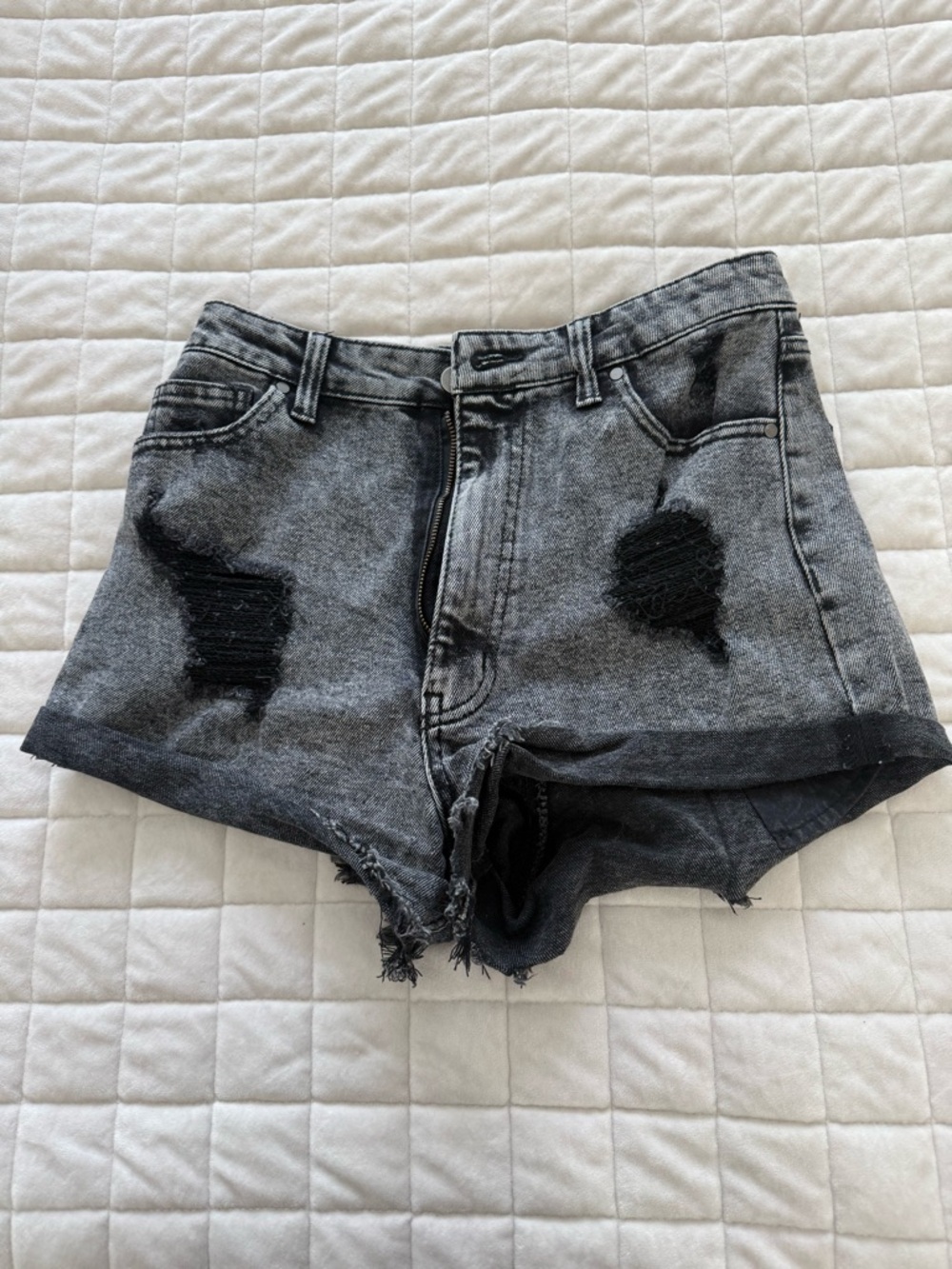 Black-Gray Faded Wash Distressed Denim Shorts